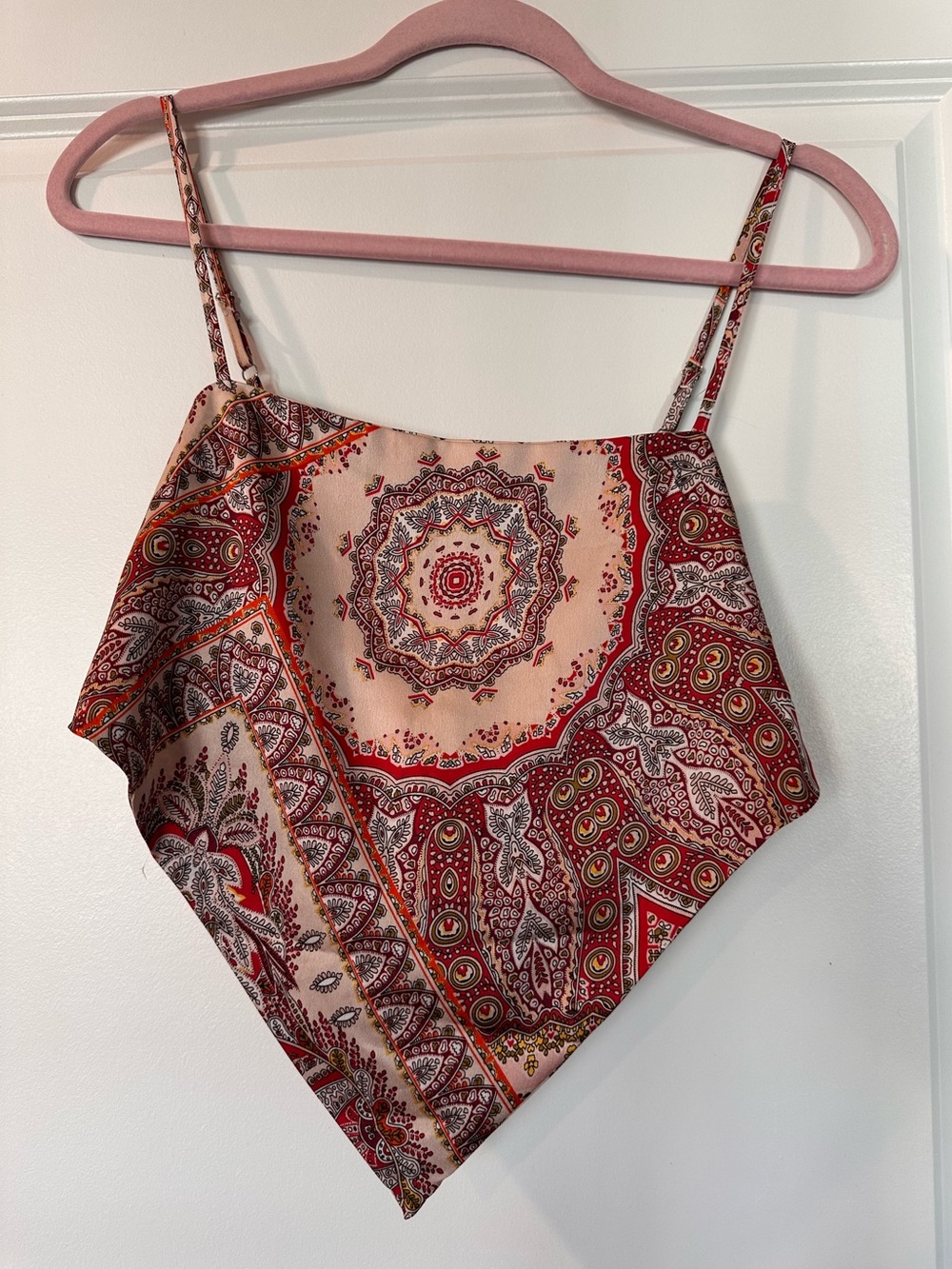 Spaghetti Strap Paisley Handkerchief Hem Top - Red/Beige